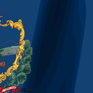 Może przedstawiać: Niebieska flaga ze złotą, ozdobną obw&oacute;dką otaczającą centralny emblemat. Emblemat przedstawia krajobraz z g&oacute;rą, drzewami i brązowym zwierzęciem. Pod emblematem znajduje się czerwona wstążka z napisem Liberty and Unity.