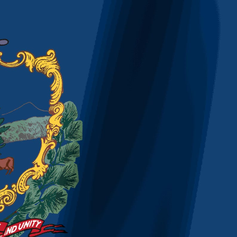 Może przedstawiać: Niebieska flaga ze złotą, ozdobną obw&oacute;dką otaczającą centralny emblemat. Emblemat przedstawia krajobraz z g&oacute;rą, drzewami i brązowym zwierzęciem. Pod emblematem znajduje się czerwona wstążka z napisem Liberty and Unity.