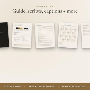 May include: A digital marketing kit for real estate agents featuring five documents labelled Bonus Files, Guide, scripts, captions + more. The set includes a black cover page and four white pages with text, lists, a monthly calendar, and planning templates.