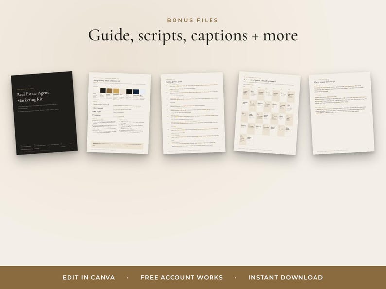 May include: A digital marketing kit for real estate agents featuring five documents labelled Bonus Files, Guide, scripts, captions + more. The set includes a black cover page and four white pages with text, lists, a monthly calendar, and planning templates.