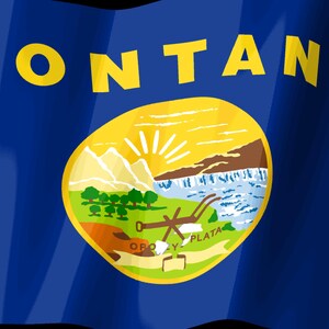 Puede incluir: La bandera estatal de Montana presenta un campo azul profundo con la palabra MONTANA en letras amarillas en negrita en la parte superior. Centrado hay un sello circular que representa un paisaje con monta&ntilde;as, sol, r&iacute;o, &aacute;rboles y un arado con el texto ORO Y PLATA.