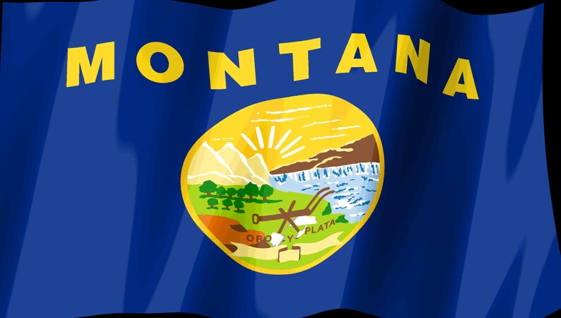 Puede incluir: La bandera estatal de Montana presenta un campo azul profundo con la palabra MONTANA en letras amarillas en negrita en la parte superior. Centrado hay un sello circular que representa un paisaje con monta&ntilde;as, sol, r&iacute;o, &aacute;rboles y un arado con el texto ORO Y PLATA.