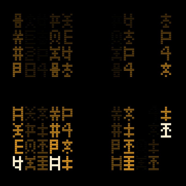 May include: A digital graphic featuring four distinct clusters of pixelated symbols arranged in a grid pattern against a solid black background. The symbols are rendered in shades of gold, orange, and white, resembling abstract, blocky, or runic characters.