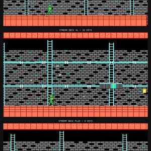 Op de afbeelding: Een digitale afbeelding met drie gestapelde niveaus van een gepixelde videogame-interface. Elk niveau toont de tekst STREAM DECK MK2 - 15 KEYS, STREAM DECK XL - 32 KEYS en STREAM DECK PLUS - 8 KEYS boven een bakstenen muur met ladders.