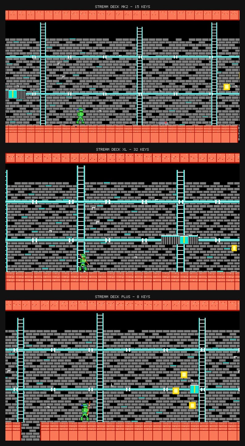 Op de afbeelding: Een digitale afbeelding met drie gestapelde niveaus van een gepixelde videogame-interface. Elk niveau toont de tekst STREAM DECK MK2 - 15 KEYS, STREAM DECK XL - 32 KEYS en STREAM DECK PLUS - 8 KEYS boven een bakstenen muur met ladders.