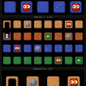 May include: A digital display showing three grid layouts labeled STREAM DECK MK2 - 15 KEYS, STREAM DECK XL - 32 KEYS, and STREAM DECK PLUS - 8 KEYS. The grids feature pixel-art icons of a white robot, grey rocks, red creatures, and green creatures.