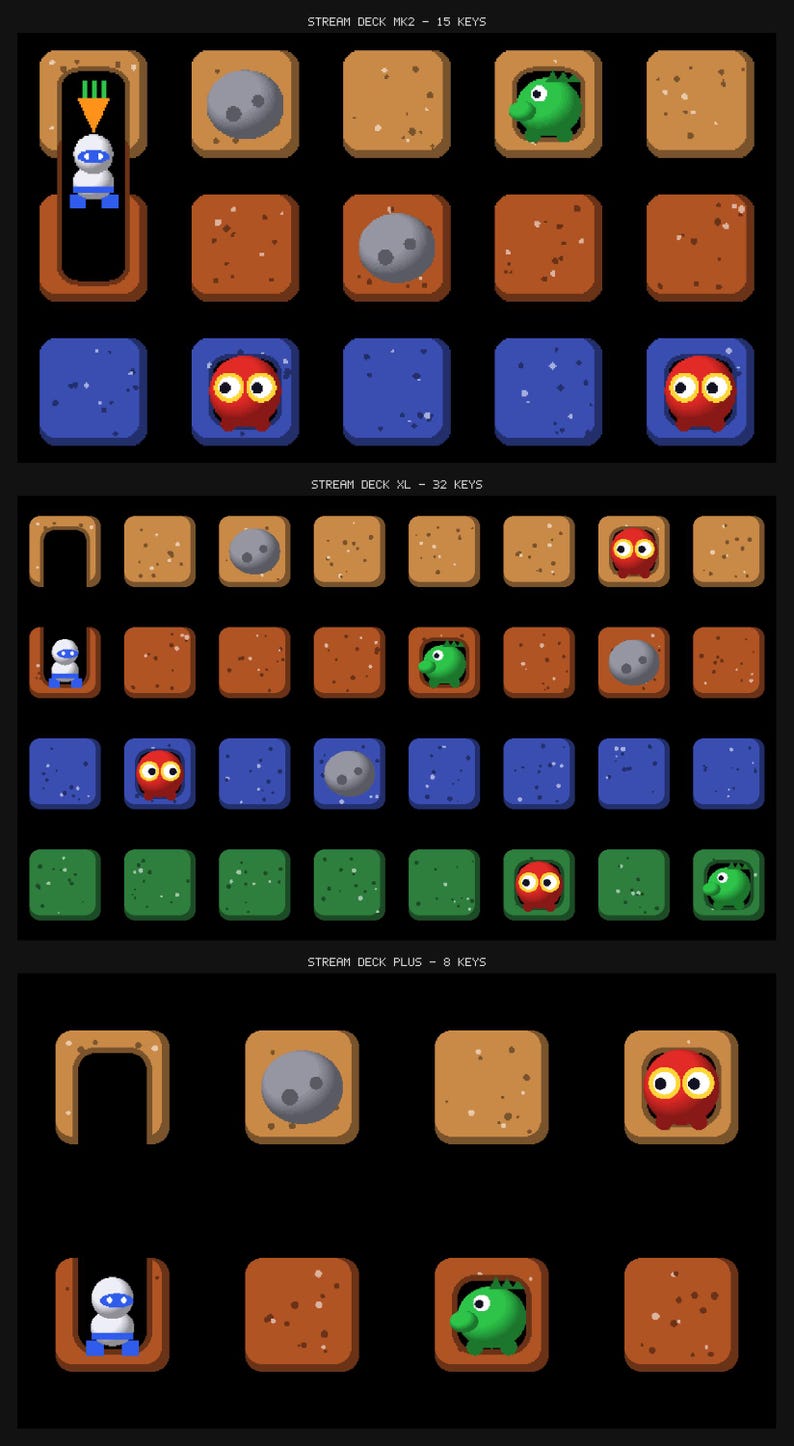 May include: A digital display showing three grid layouts labeled STREAM DECK MK2 - 15 KEYS, STREAM DECK XL - 32 KEYS, and STREAM DECK PLUS - 8 KEYS. The grids feature pixel-art icons of a white robot, grey rocks, red creatures, and green creatures.