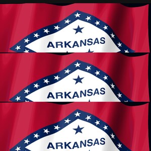 May include: A repeating pattern of the Arkansas state flag featuring a red field with a white diamond bordered in blue. The diamond contains the word ARKANSAS in blue capital letters, a large blue star above, and smaller blue stars around the edge.