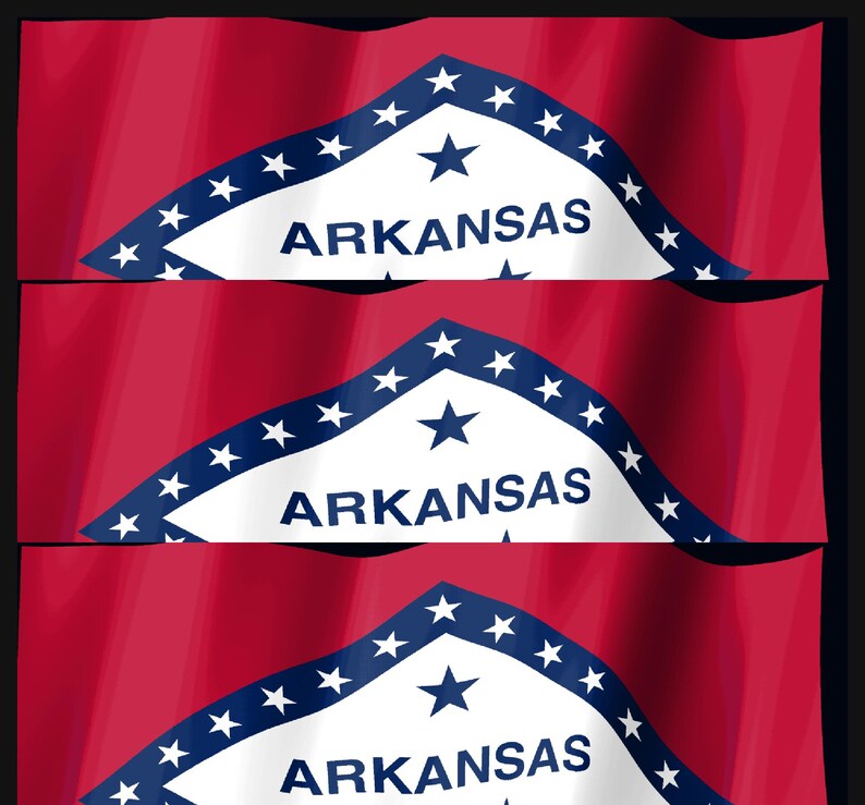 May include: A repeating pattern of the Arkansas state flag featuring a red field with a white diamond bordered in blue. The diamond contains the word ARKANSAS in blue capital letters, a large blue star above, and smaller blue stars around the edge.