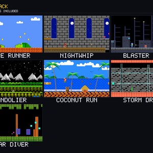 May include: An 8-bit pack featuring seven distinct pixel art game designs labeled Pipe Runner, Nightwhip, Blaster Bot, Bandolier, Coconut Run, Storm Drain, and Star Diver. Each rectangular panel displays a unique retro video game scene.
