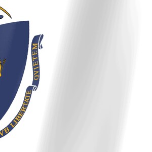 May include: A white flag featuring a blue shield emblem. The shield displays a gold arm holding a sword above a gold star. A blue ribbon curves around the shield with the gold text ENSE PETIT PLACIDAM SUB LIBERTATE QUIETEM printed on it.