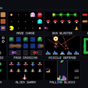 K&ouml;nnte beinhalten: Ein Arcade-Paket mit 11 Pixel-Art-Spieldesigns, darunter Retro Digger, Maze Chase, Bug Blaster, Brick Breaker, Vector Asteroids, Frog Crossing, Missile Defense, Snake Game, Alien Invasion, Alien Swarm und Falling Blocks.