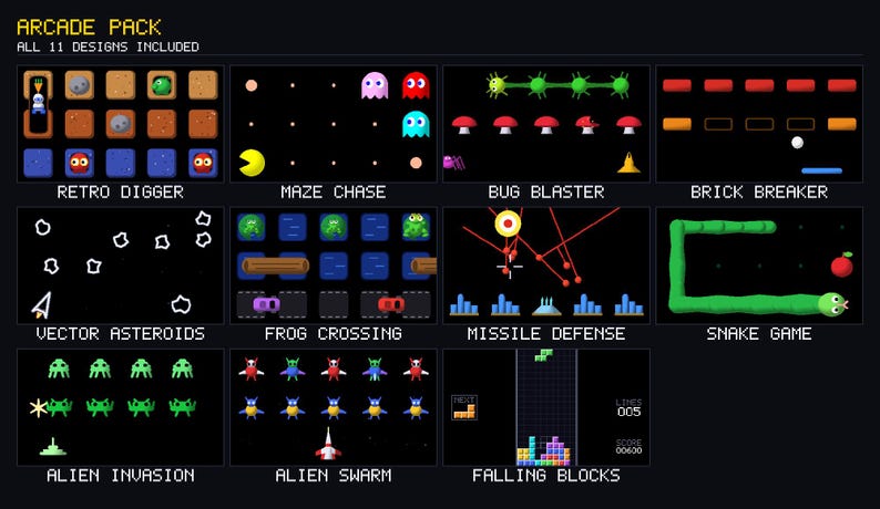 K&ouml;nnte beinhalten: Ein Arcade-Paket mit 11 Pixel-Art-Spieldesigns, darunter Retro Digger, Maze Chase, Bug Blaster, Brick Breaker, Vector Asteroids, Frog Crossing, Missile Defense, Snake Game, Alien Invasion, Alien Swarm und Falling Blocks.