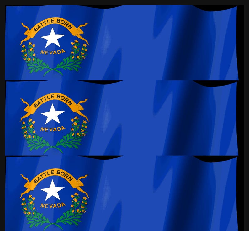 Pode incluir: Tr&ecirc;s bandeiras azuis do Nevada empilhadas, cada uma com uma estrela branca de cinco pontas, uma fita dourada com o texto BATTLE BORN e ramos verdes de artem&iacute;sia com flores amarelas. As bandeiras t&ecirc;m uma textura ondulada e enrugada.