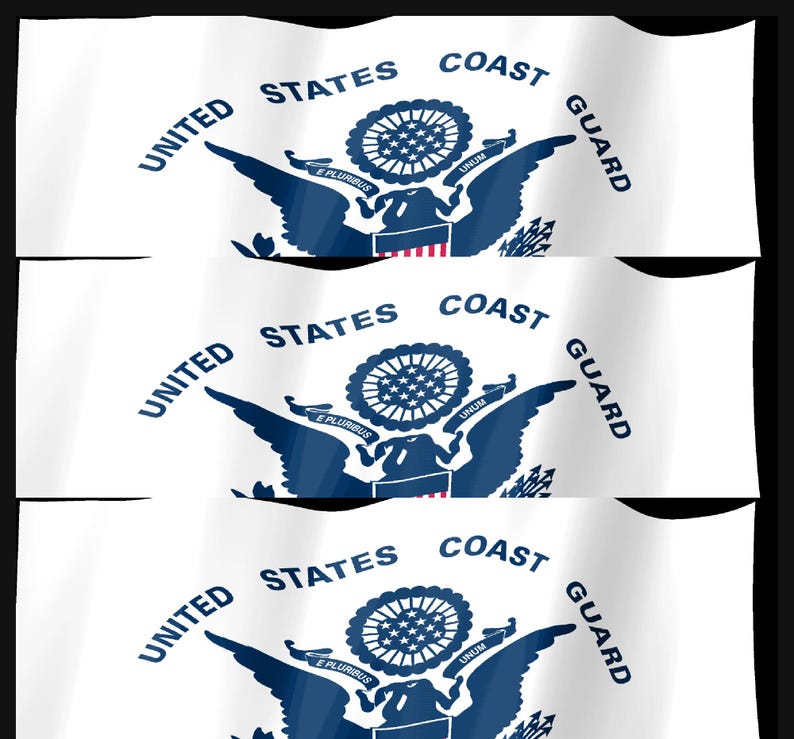 Op de afbeelding: Drie witte vlaggen met het donkerblauwe embleem van de United States Coast Guard. Het embleem toont een adelaar met gespreide vleugels, een schild en een cirkelvormig wapen met sterren. De tekst UNITED STATES COAST GUARD staat in een boog.