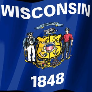 Peut inclure: Le drapeau de l'&Eacute;tat du Wisconsin pr&eacute;sente un champ bleu profond avec le mot WISCONSIN en blanc en haut et l'ann&eacute;e 1848 en blanc en bas. Au centre se trouvent les armoiries de l'&Eacute;tat avec un marin, un ouvrier et un blaireau sur un &eacute;cu.