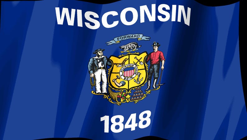 Peut inclure: Le drapeau de l'&Eacute;tat du Wisconsin pr&eacute;sente un champ bleu profond avec le mot WISCONSIN en blanc en haut et l'ann&eacute;e 1848 en blanc en bas. Au centre se trouvent les armoiries de l'&Eacute;tat avec un marin, un ouvrier et un blaireau sur un &eacute;cu.