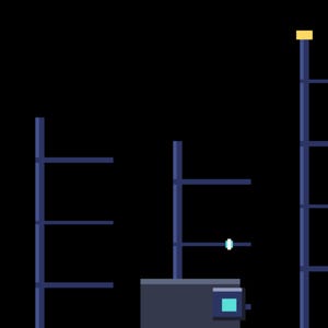 K&ouml;nnte beinhalten: Eine Pixel-Art-Grafik mit drei vertikalen, dunkelblauen Stangen unterschiedlicher H&ouml;he vor schwarzem Hintergrund. Die Stangen haben horizontale Querbalken, mit einem kleinen hellblauen Quadrat an der mittleren Stange und einem gelben Quadrat oben.