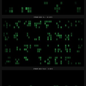 May include: A black display featuring three distinct sections labeled Stream Deck MK2 - 15 Keys, Stream Deck XL - 32 Keys, and Stream Deck Plus - 8 Keys. Each section contains a grid of small, illuminated green square icons arranged in various patterns.