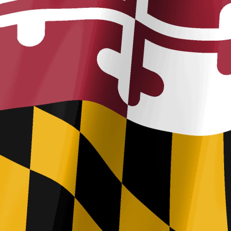 K&ouml;nnte beinhalten: Eine Flagge mit dem Design des US-Bundesstaates Maryland, die ein rot-wei&szlig;es Kreuzmuster in den oberen linken und unteren rechten Quadranten sowie ein gelb-schwarzes Rautenmuster in den anderen Quadranten zeigt, dargestellt in wehender Form.