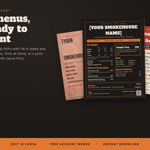 May include: Three restaurant menu templates featuring a black, tan, and red color scheme. The designs include text fields for smokehouse names, meat options by weight, plates, sandwiches, sides, and extras, with a QR code on the black menu.