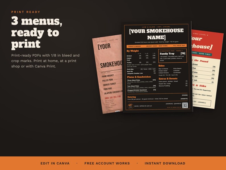 May include: Three restaurant menu templates featuring a black, tan, and red color scheme. The designs include text fields for smokehouse names, meat options by weight, plates, sandwiches, sides, and extras, with a QR code on the black menu.