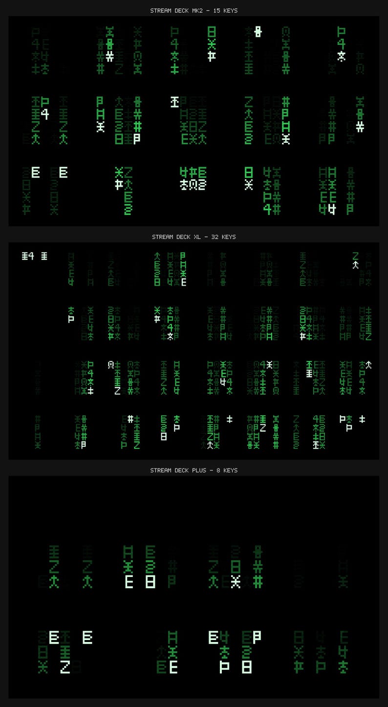 May include: A black graphic display featuring three distinct sections labeled Stream Deck MK2 with 15 keys, Stream Deck XL with 32 keys, and Stream Deck Plus with 8 keys. Each section contains a grid of green, stylized, abstract symbols on a black background.