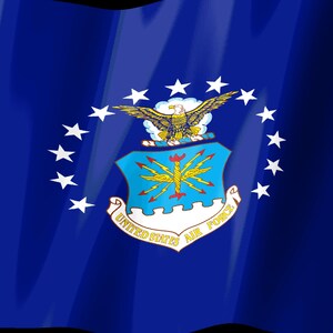 May include: A deep blue flag featuring the United States Air Force emblem in the centre. The emblem displays a golden eagle above a light blue shield with yellow lightning bolts, surrounded by a ring of thirteen white stars on a blue field.