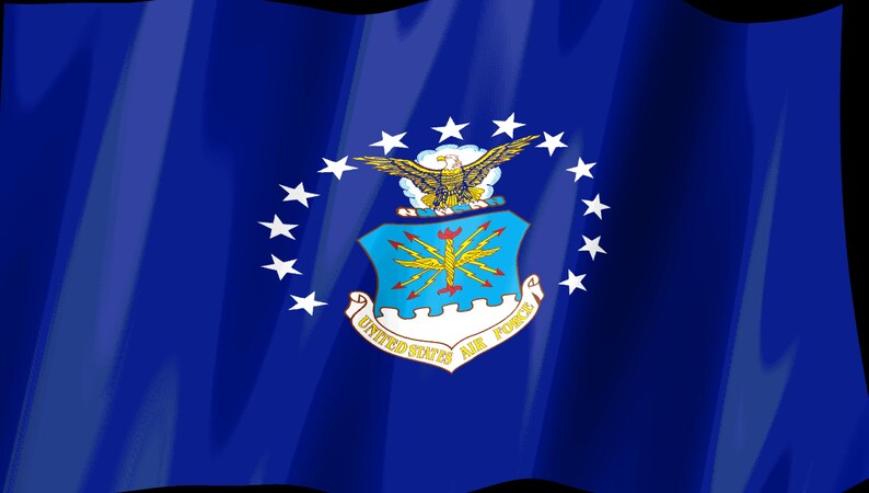 May include: A deep blue flag featuring the United States Air Force emblem in the centre. The emblem displays a golden eagle above a light blue shield with yellow lightning bolts, surrounded by a ring of thirteen white stars on a blue field.