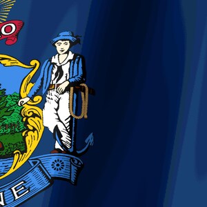 May include: A dark blue flag featuring a partial state seal. The seal displays a person in a blue hat and jacket standing next to an anchor and a rope. To the left, a green landscape with trees and a blue body of water is visible.