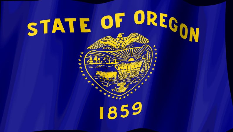 Może przedstawiać: Flaga stanu Oregon ma ciemnoniebieskie tło z ż&oacute;łtym napisem STATE OF OREGON u g&oacute;ry i 1859 u dołu. Pośrodku znajduje się ż&oacute;łta tarcza przedstawiająca w&oacute;z osadnik&oacute;w, statek, słońce oraz orła siedzącego na szczycie tarczy.