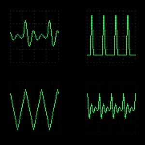 May include: A digital display featuring four distinct green waveform patterns on a black background. The top left shows a complex rhythmic wave, the top right displays a series of tall pulses, the bottom left shows a sharp sawtooth wave, and the bottom right depicts a repeating jagged signal.