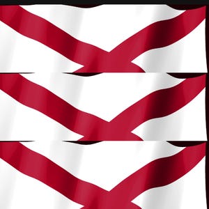K&ouml;nnte beinhalten: Eine grafische Darstellung mit drei horizontalen Feldern, die jeweils eine wei&szlig;e Flagge mit einem kr&auml;ftigen, dunkelroten diagonalen Kreuz zeigen. Die Flaggen weisen einen leichten Welleneffekt auf, der eine Bewegung &uuml;ber die drei Abschnitte erzeugt.