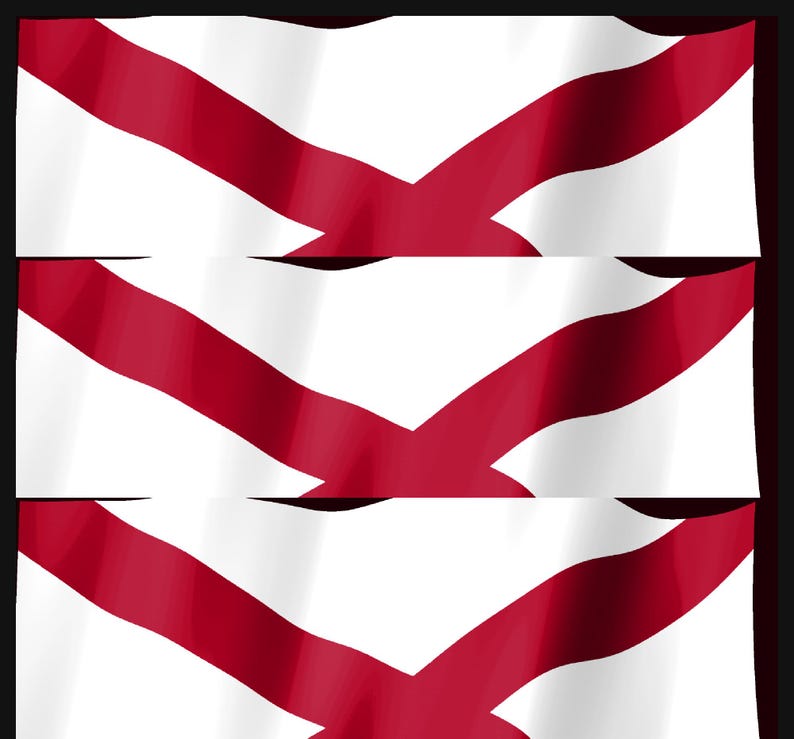K&ouml;nnte beinhalten: Eine grafische Darstellung mit drei horizontalen Feldern, die jeweils eine wei&szlig;e Flagge mit einem kr&auml;ftigen, dunkelroten diagonalen Kreuz zeigen. Die Flaggen weisen einen leichten Welleneffekt auf, der eine Bewegung &uuml;ber die drei Abschnitte erzeugt.