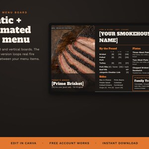 May include: A digital menu board template for a smokehouse featuring a dark background with orange text. The layout includes a section for a brisket image, a customisable smokehouse name, and lists for meat by the pound, plates, and sides.