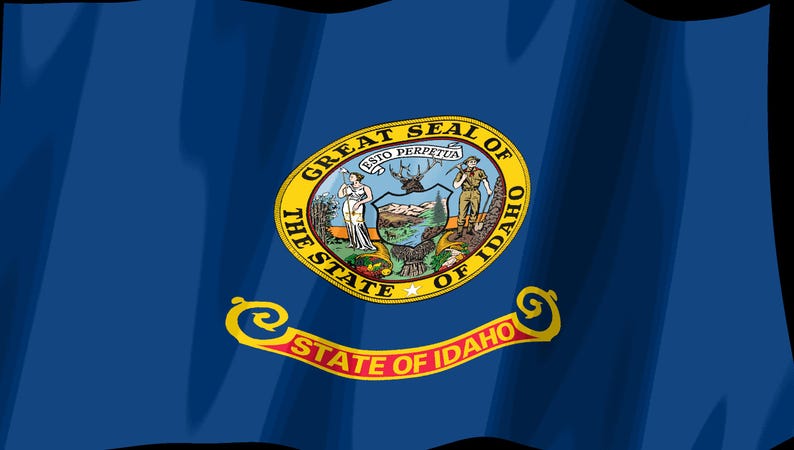 K&ouml;nnte beinhalten: Die Staatsflagge von Idaho zeigt ein tiefblaues Feld mit dem Staatssiegel in der Mitte. Das Siegel zeigt eine Frau und einen Mann neben einem Schild mit einer Landschaft, gekr&ouml;nt von einem Hirschkopf. Darunter steht auf einem roten Banner STATE OF IDAHO.