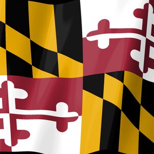 K&ouml;nnte beinhalten: Die Flagge des US-Bundesstaates Maryland zeigt ein geviertes Design mit dem schwarz-goldenen Wappen der Familie Calvert in den ersten und vierten Quadranten sowie dem rot-wei&szlig;en Kreuz der Familie Crossland in den zweiten und dritten Quadranten.