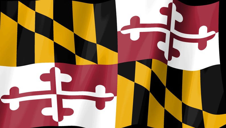 K&ouml;nnte beinhalten: Die Flagge des US-Bundesstaates Maryland zeigt ein geviertes Design mit dem schwarz-goldenen Wappen der Familie Calvert in den ersten und vierten Quadranten sowie dem rot-wei&szlig;en Kreuz der Familie Crossland in den zweiten und dritten Quadranten.