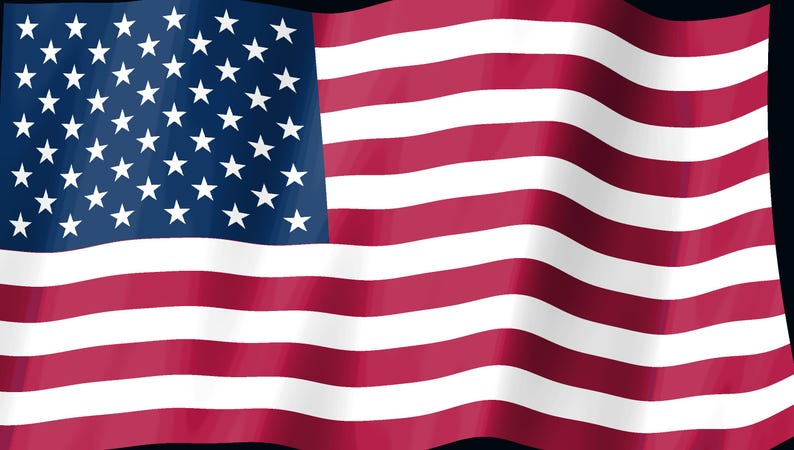 May include: The national flag of the United States of America featuring a blue canton in the upper left corner with fifty white five-pointed stars arranged in nine rows, and thirteen horizontal red and white stripes across the field.