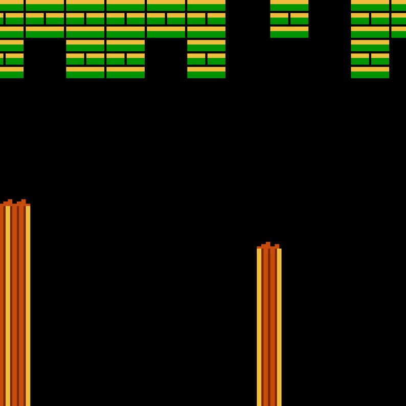 May include: A digital graphic featuring a black background with a top row of rectangular green and yellow blocks arranged in a grid pattern. Below the blocks are two vertical orange and yellow striped pillars of varying heights.