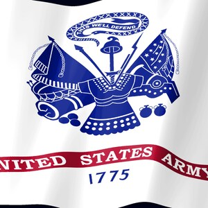 May include: A white flag featuring the United States Army emblem in blue, including a central cuirass, a snake above with the text THIS WE'LL DEFEND, and crossed flags. A red ribbon at the bottom displays UNITED STATES ARMY and the year 1775.