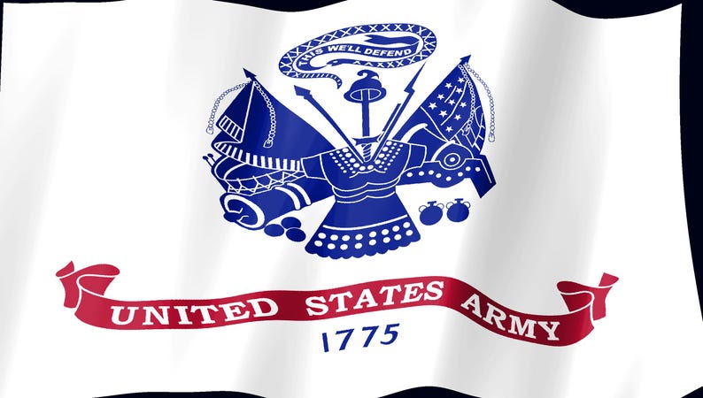May include: A white flag featuring the United States Army emblem in blue, including a central cuirass, a snake above with the text THIS WE'LL DEFEND, and crossed flags. A red ribbon at the bottom displays UNITED STATES ARMY and the year 1775.