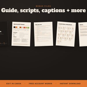 May include: A digital marketing kit for BBQ and smokehouse businesses, featuring a black cover page and four white informational sheets with text, charts, and calendars. The text reads: Bonus Files, Guide, scripts, captions + more.