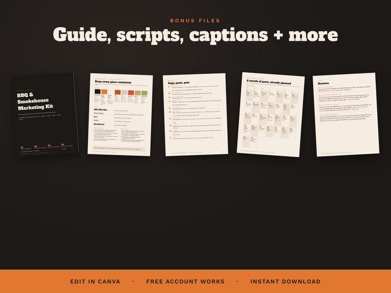 May include: A digital marketing kit for BBQ and smokehouse businesses, featuring a black cover page and four white informational sheets with text, charts, and calendars. The text reads: Bonus Files, Guide, scripts, captions + more.