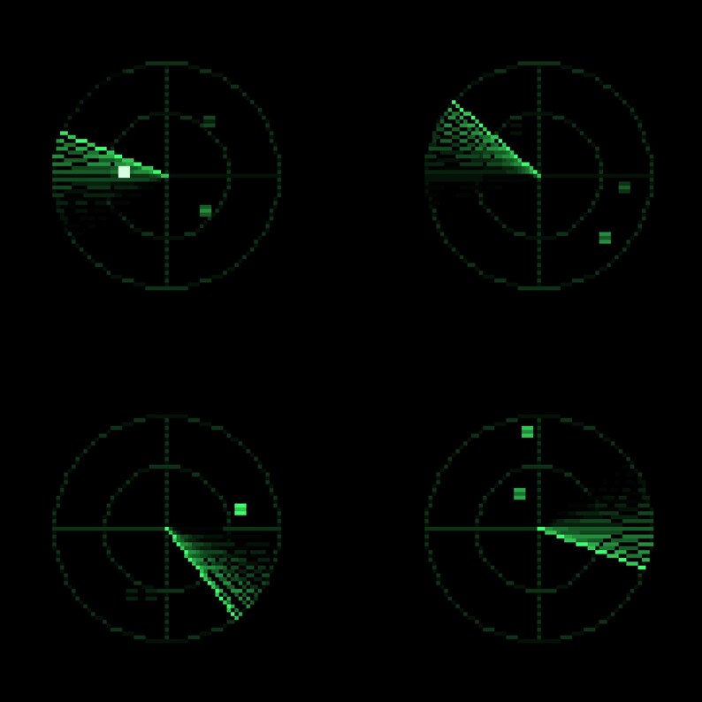 Pode incluir: Quatro visores de radar circulares dispostos em uma grade sobre um fundo preto. Cada visor apresenta um feixe de varredura verde e pontos verdes pixelados distintos que indicam objetos detectados em v&aacute;rias posi&ccedil;&otilde;es no sistema.