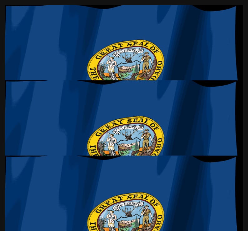 K&ouml;nnte beinhalten: Eine blaue Flagge mit dem Gro&szlig;en Siegel von Idaho in der Mitte, das eine Frau und einen Mann auf beiden Seiten eines Schildes zeigt, der eine Landschaft mit Bergen, einem Fluss und einem Baum enth&auml;lt, mit dem Text Esto Perpetua dar&uuml;ber.