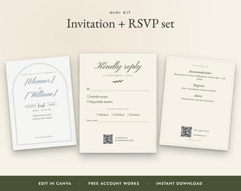 Olive Wedding Invitation Template Set, RSVP Card, Details Card, Editable Canva Invitation Suite, Printable, Old Money Wedding