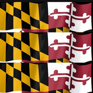 K&ouml;nnte beinhalten: Ein sich wiederholendes vertikales Muster der Flagge des Bundesstaates Maryland, das links ein geviertes schwarz-goldenes Design und rechts ein rot-wei&szlig;es Kreuzdesign zeigt, angeordnet in drei identischen horizontalen Reihen.