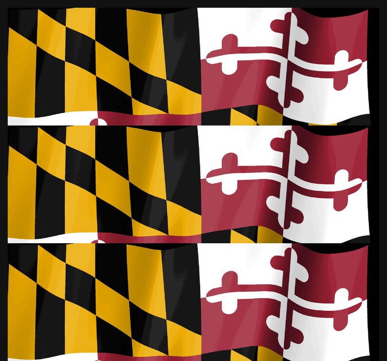 K&ouml;nnte beinhalten: Ein sich wiederholendes vertikales Muster der Flagge des Bundesstaates Maryland, das links ein geviertes schwarz-goldenes Design und rechts ein rot-wei&szlig;es Kreuzdesign zeigt, angeordnet in drei identischen horizontalen Reihen.