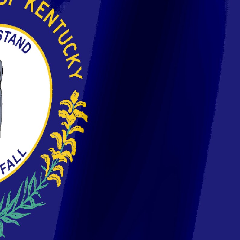 K&ouml;nnte beinhalten: Die Staatsflagge von Kentucky zeigt ein tiefblaues Feld mit dem Siegel des Commonwealth in der Mitte. Das Siegel zeigt zwei Figuren, die sich die H&auml;nde sch&uuml;tteln, umgeben von dem Text "Commonwealth of Kentucky" und "United We Stand Divided We Fall".